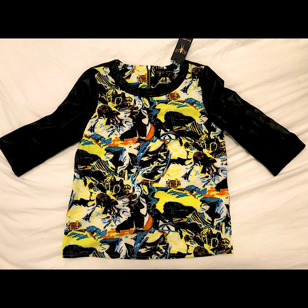 Multi Color 3/4 Vegan Leather Sleeved Blouse